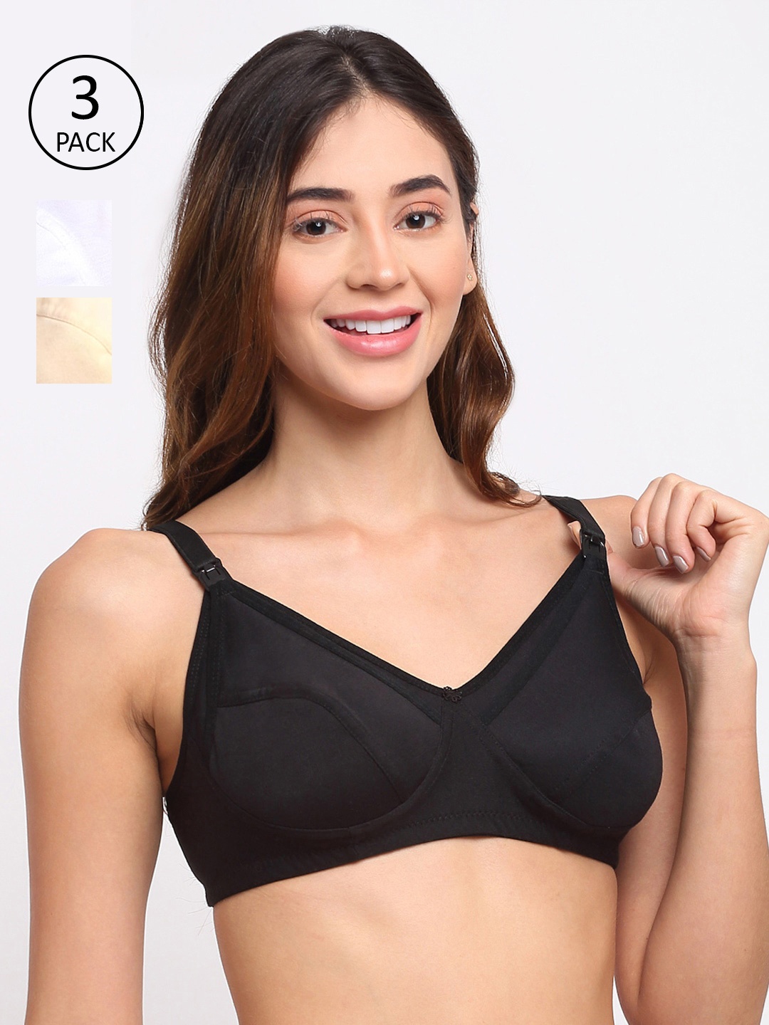 

MYLO ESSENTIALS Women Black Beige & White Pack Of 3 Non Wired Non padded Maternity Bra