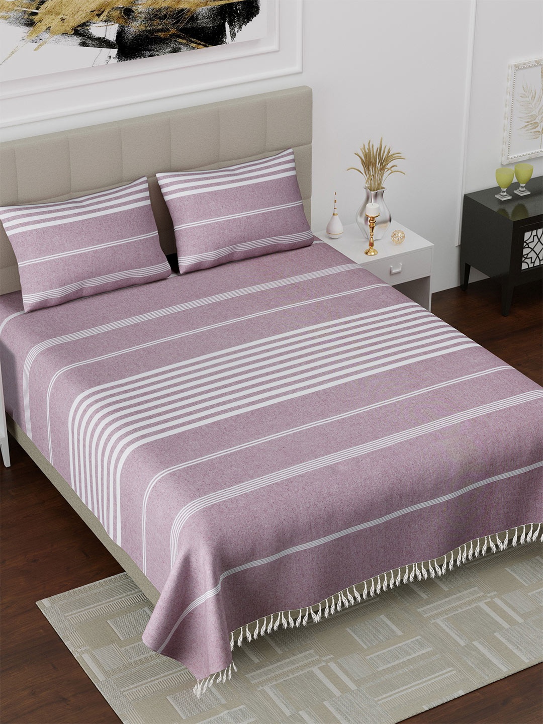 

Varde Beige & White Striped 180 TC Cotton King Bedsheet Set 2.28 m x 2.54 m