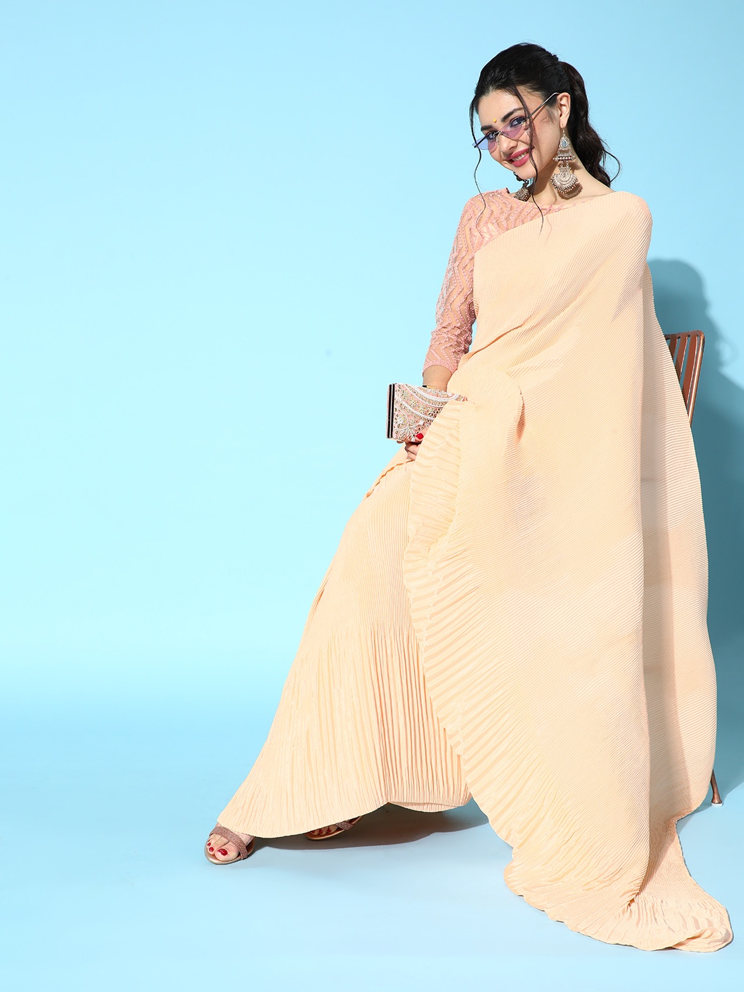 

Mitera Solid Saree with Border, Peach