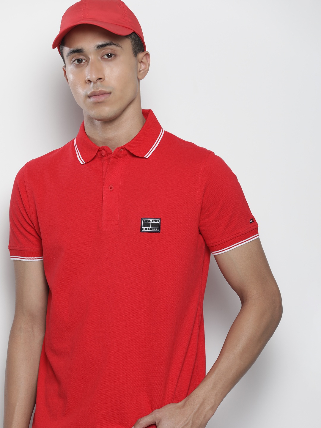 

Tommy Hilfiger Men Red Polo Collar Pure Cotton Slim Fit T-shirt