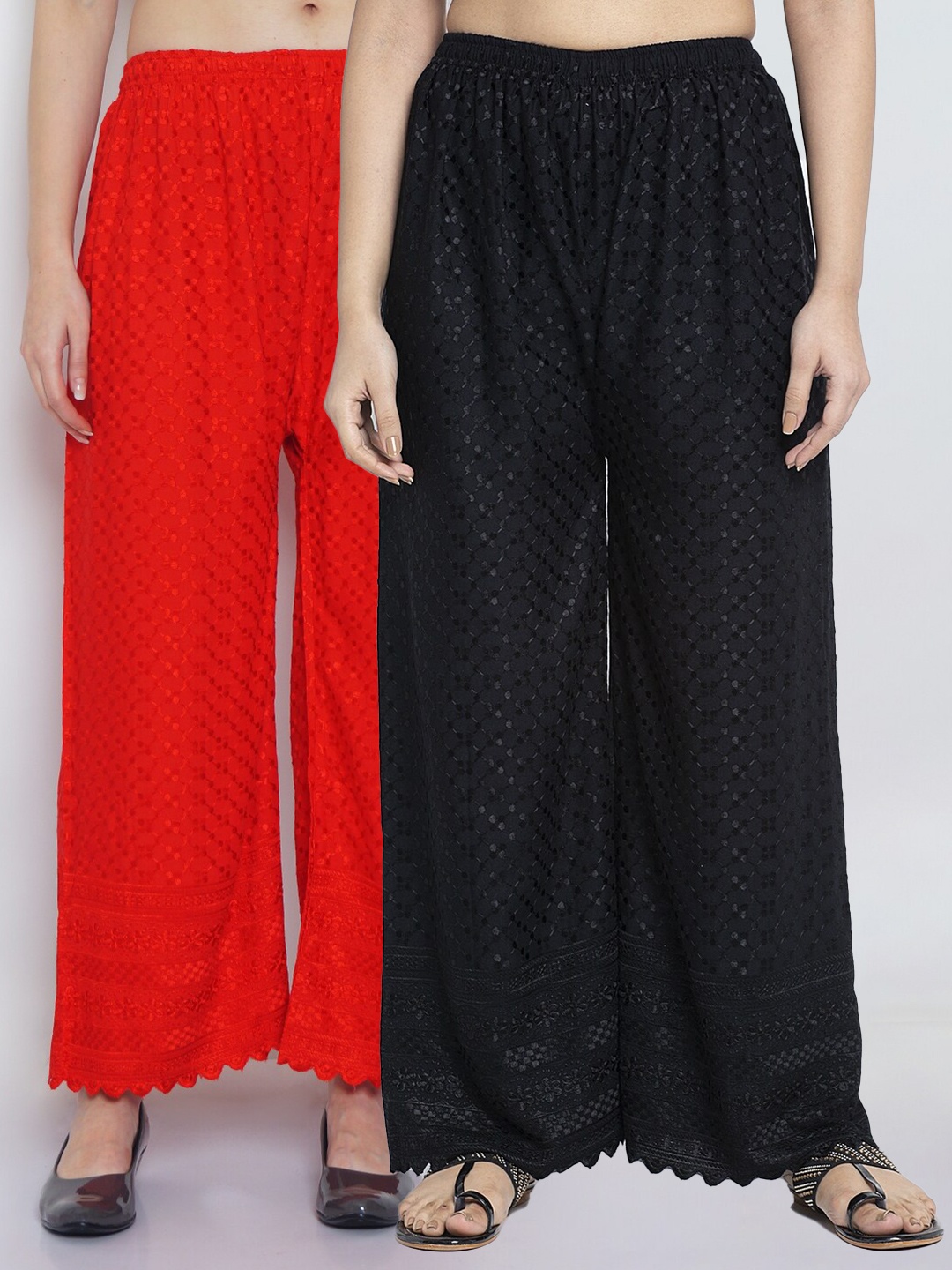 

GRACIT Women Black & Red Set Of 2 Floral Chikankari Embroidered Flared Knitted Palazzos