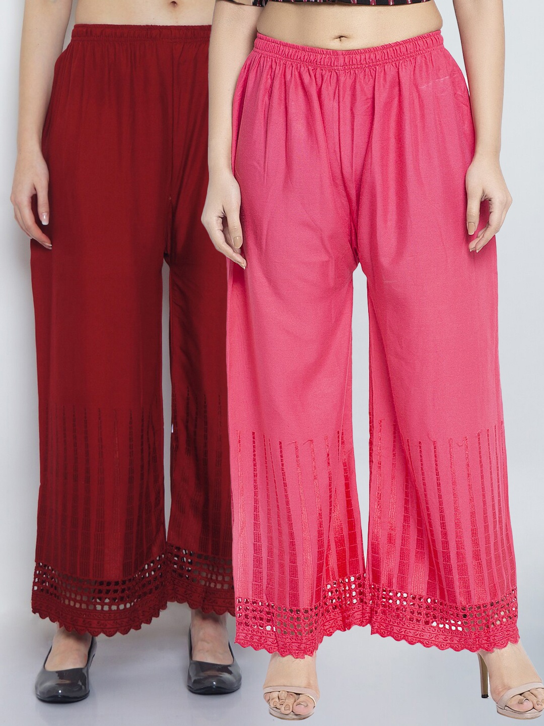 

GRACIT Women Pink & Maroon Self Design Knitted Palazzos Set of 2