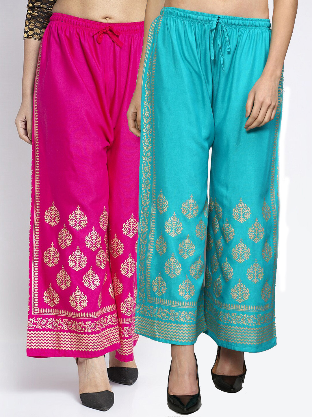 

GRACIT Women Pack of 2 Pink & Turquoise Block Print Flared Fit Palazzo