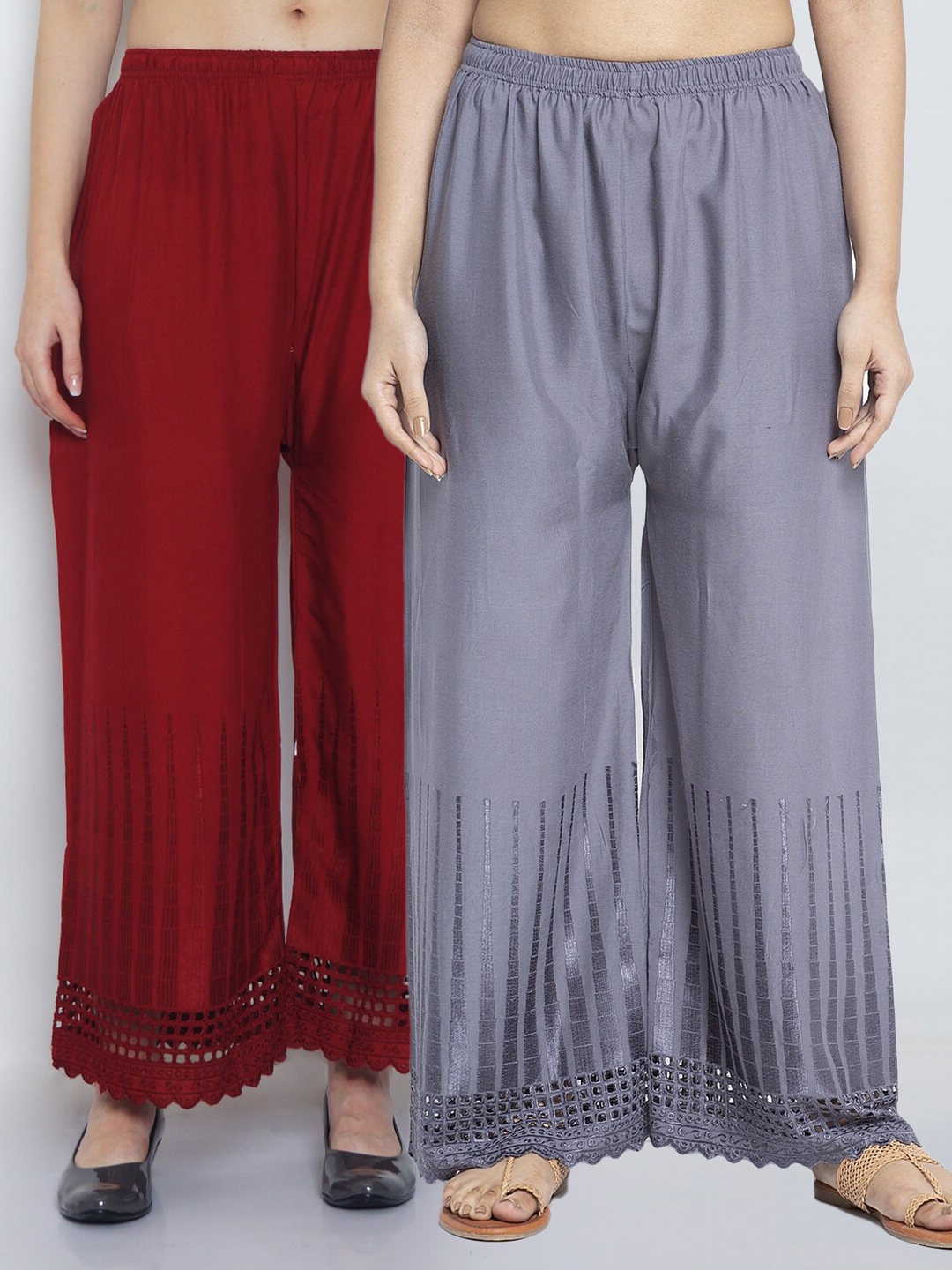 

GRACIT Women Set Of 2 Grey & Maroon Minar Hem Design Ethnic Palazzos