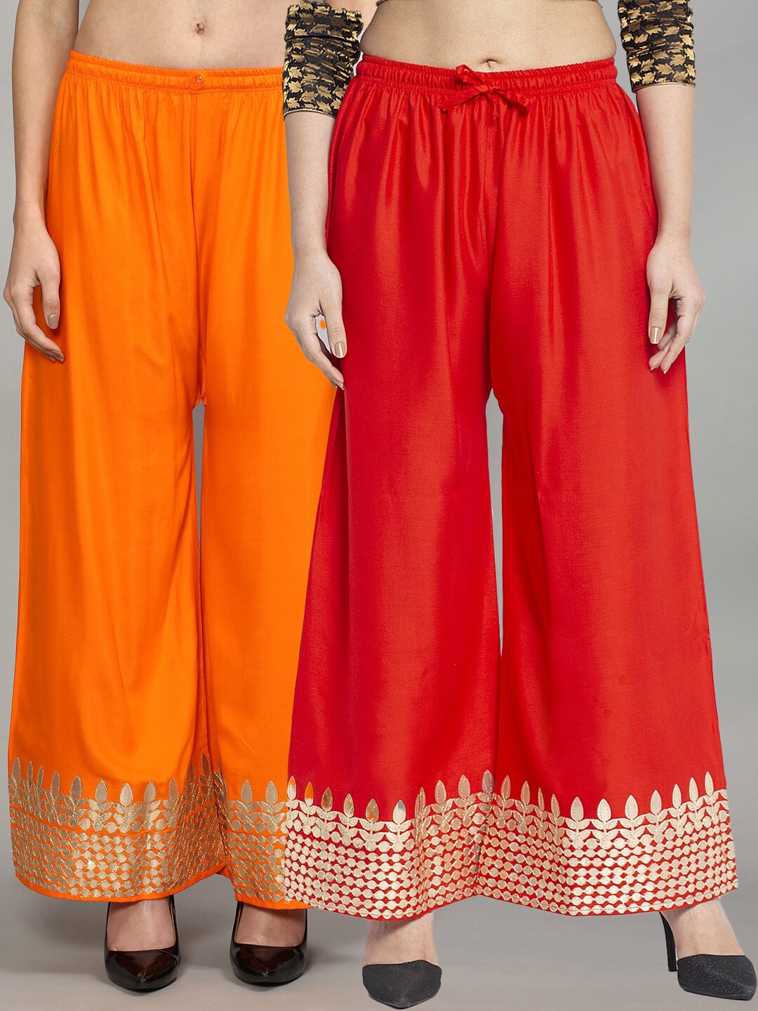 

GRACIT Women Pack of 2 Red & Orange Hem Designed Flared Fit Palazzo