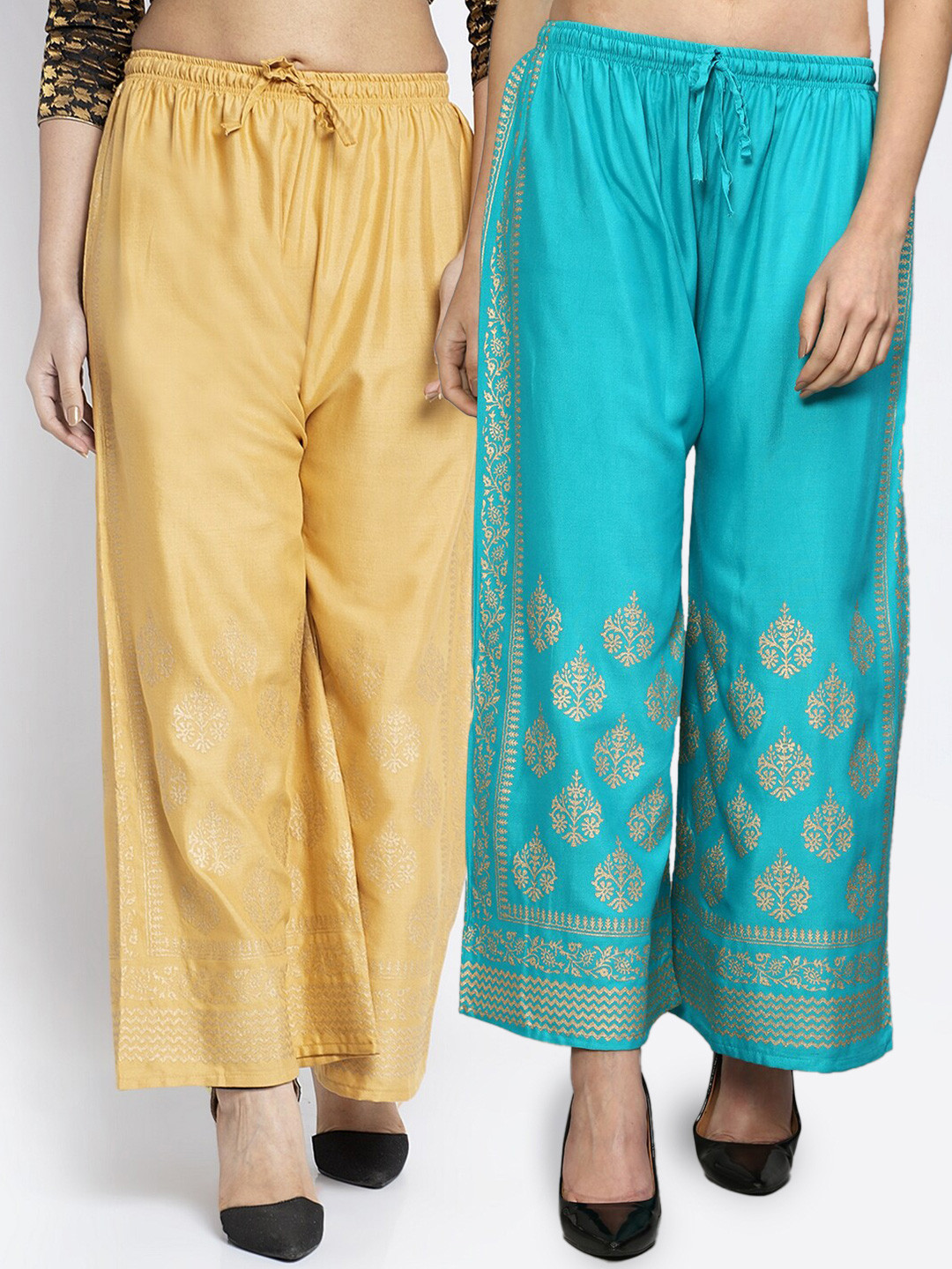 

GRACIT Women Beige & Blue Set of 2 Ethnic Motifs Printed Knitted Palazzos