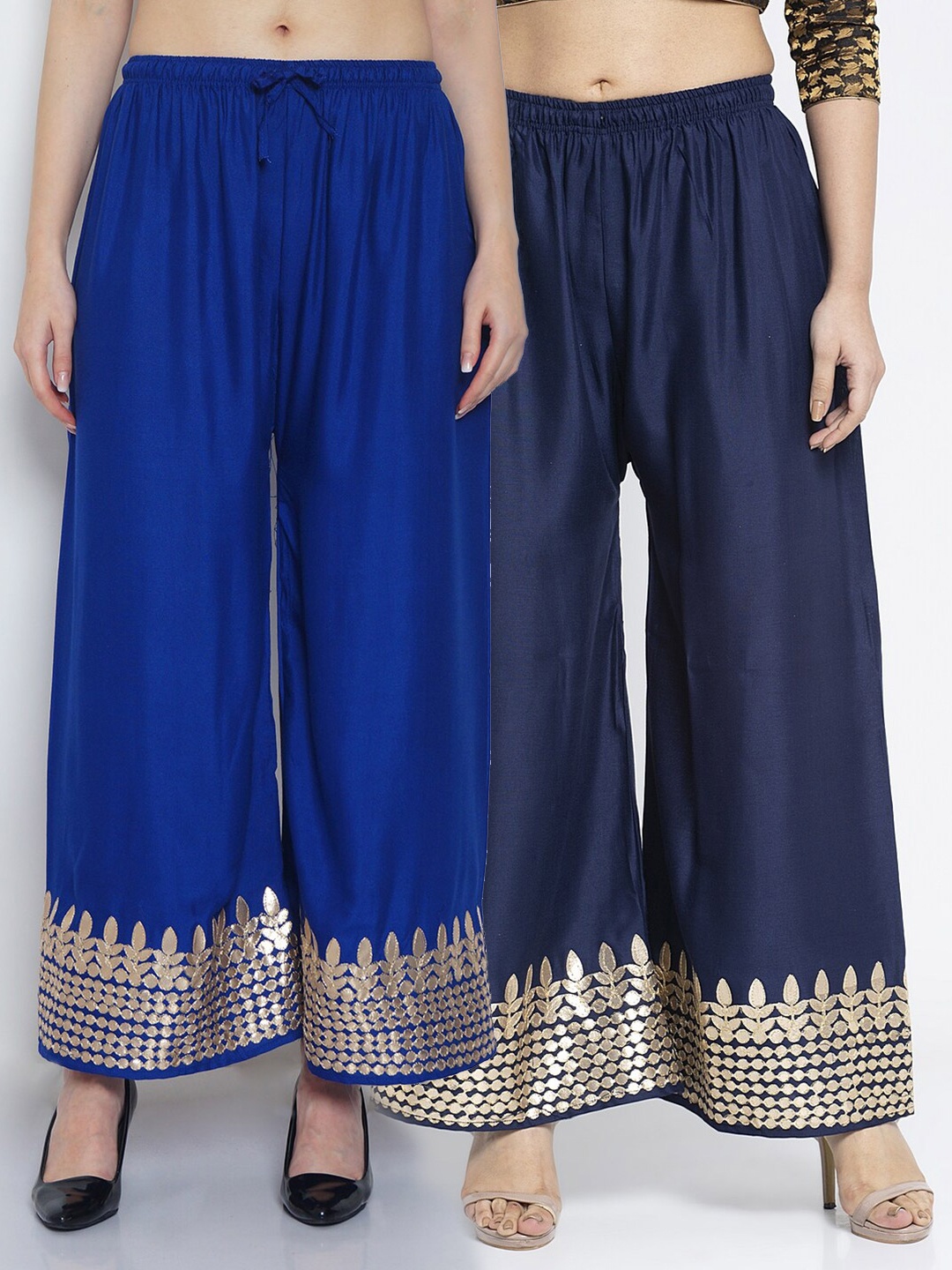 

GRACIT Women Set Of 2 Blue & Gold Ethnic Gota Bottom Embroidered Palazzos