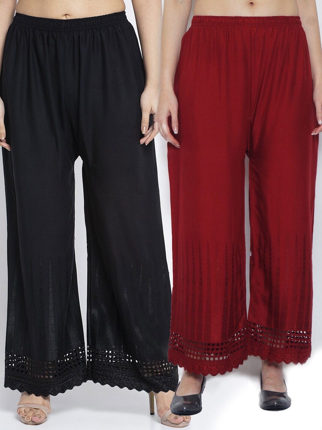 

GRACIT Women Black & Maroon Self Design Knitted Ethnic Palazzos Set of 2