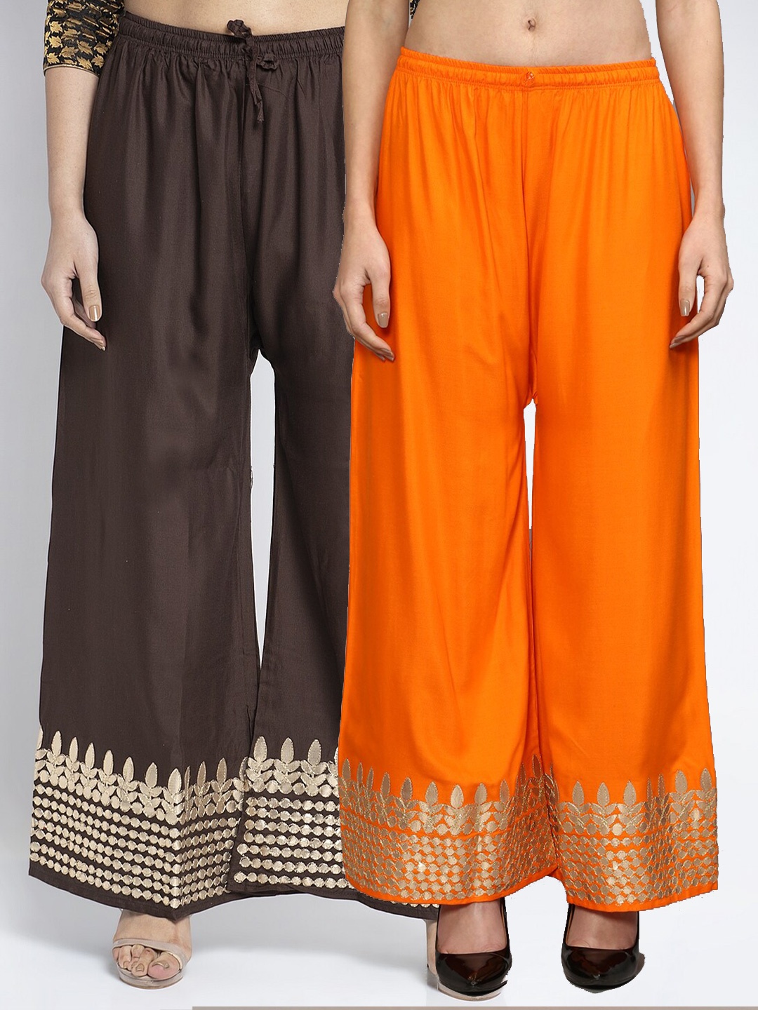 

GRACIT Women Pack of 2 Orange & Brown Embroidered Flared Palazzos