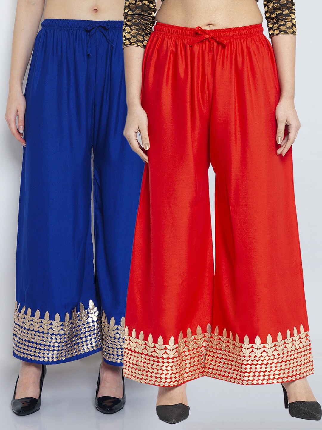 

GRACIT Women Set Of 2 Red & Blue Hem Designed Flared Fit Palazzo