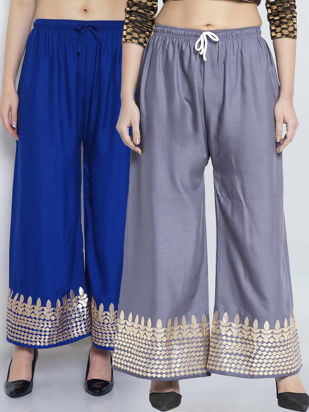 

GRACIT Women Grey & Blue Embroidered Flared Palazzos