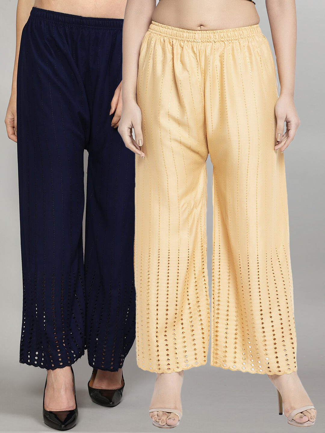 

GRACIT Women Set Of 2 Beige & Navy Blue Hem Design Palazzos