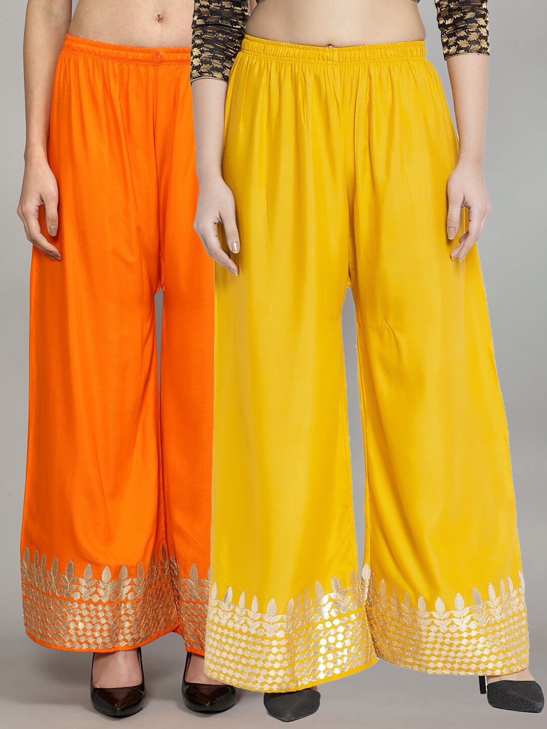 

GRACIT Women Yellow & Orange Set Of 2 Ethnic Motifs Printed Flared Knitted Palazzos