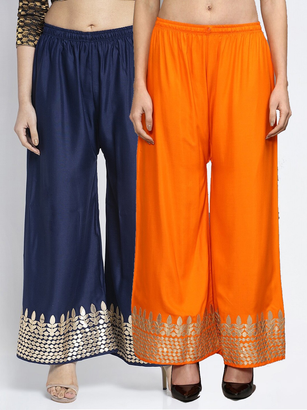 

GRACIT Women Orange & Navy Blue 2 Ethnic Motifs Gota Bottom Printed Flared Palazzos