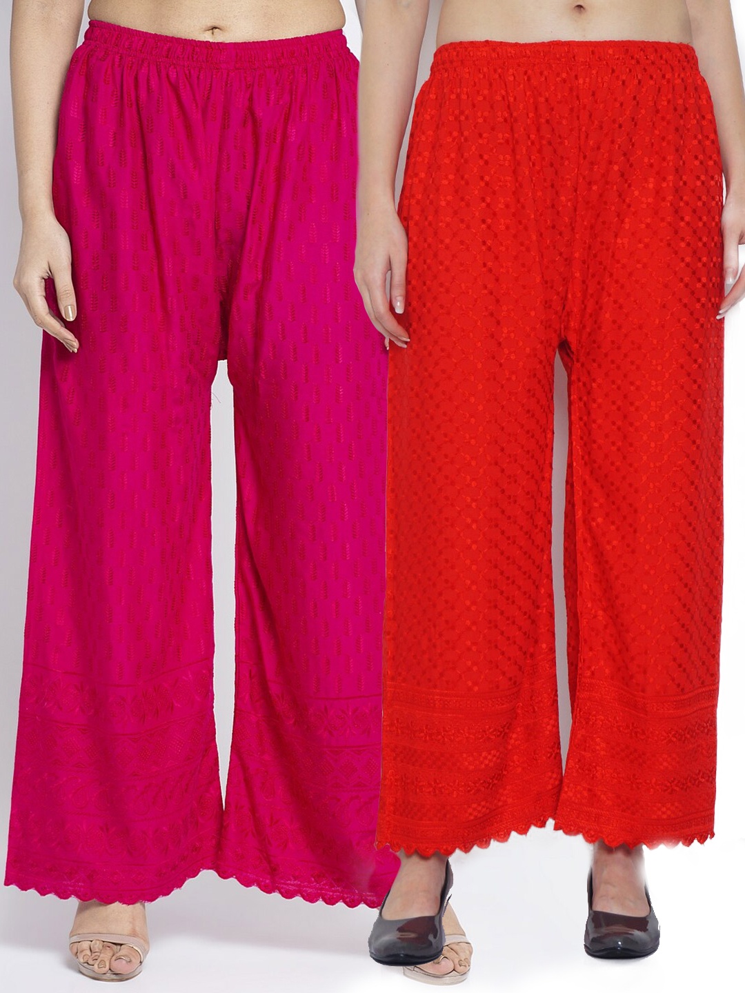 

GRACIT Women Red & Pink 2 Floral Embroidered Flared Knitted Palazzos