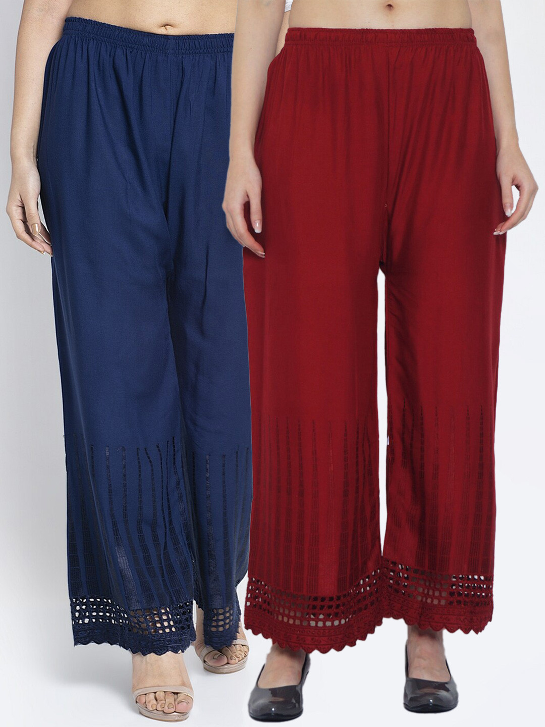 

GRACIT Women Pack of 2 Maroon & Navy Blue Printed Flared Palazzos