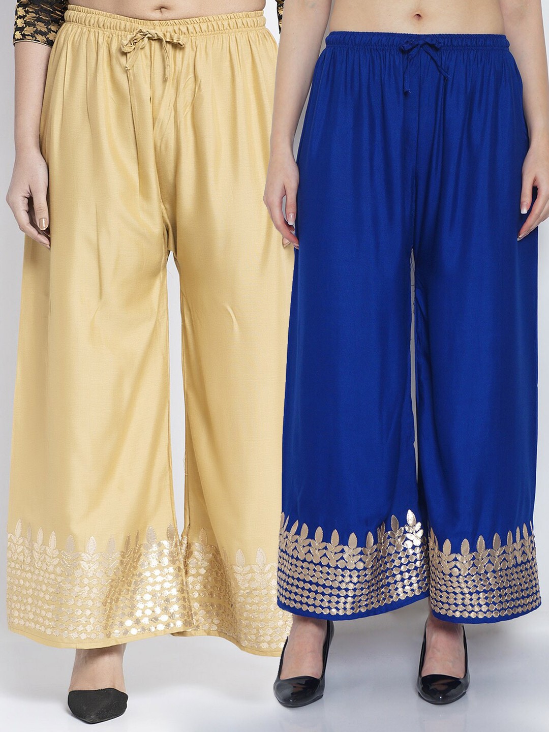 

GRACIT Women Set of 2 Blue & Beige Floral Embroidered Palazzos
