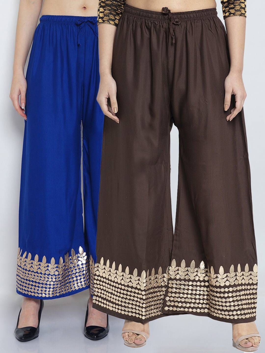 

GRACIT Women Blue & Bronze-Toned 2 Ethnic Motifs Printed Flared Knitted Palazzos