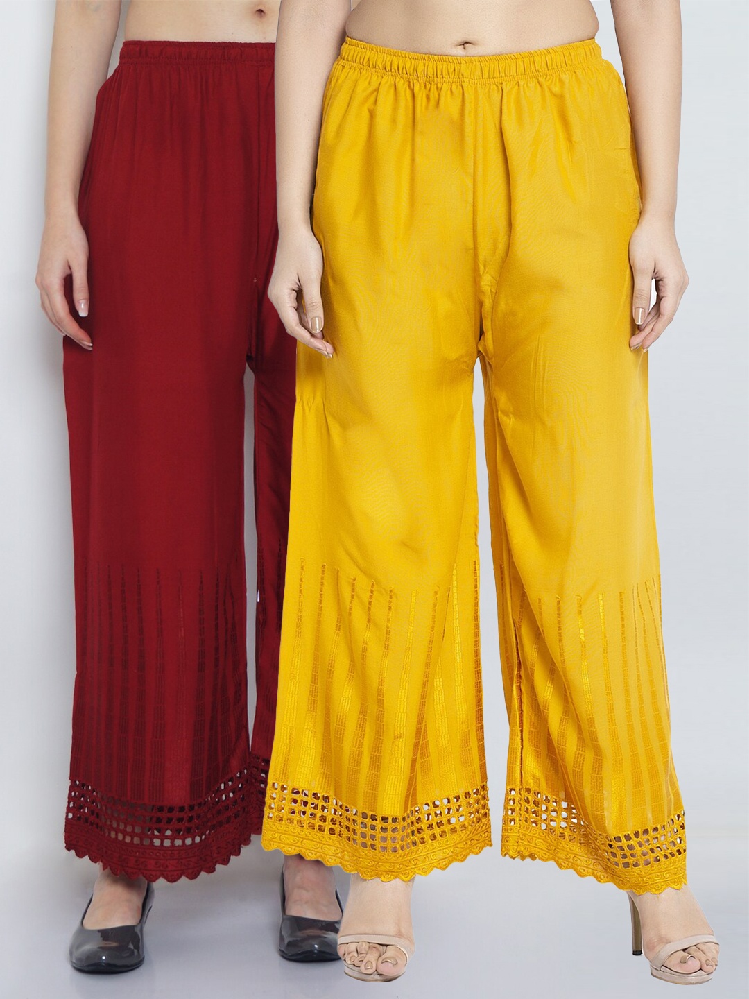 

GRACIT Women Set Of 2 Yellow & Maroon Solid Minar Embroidered Ethnic Palazzos