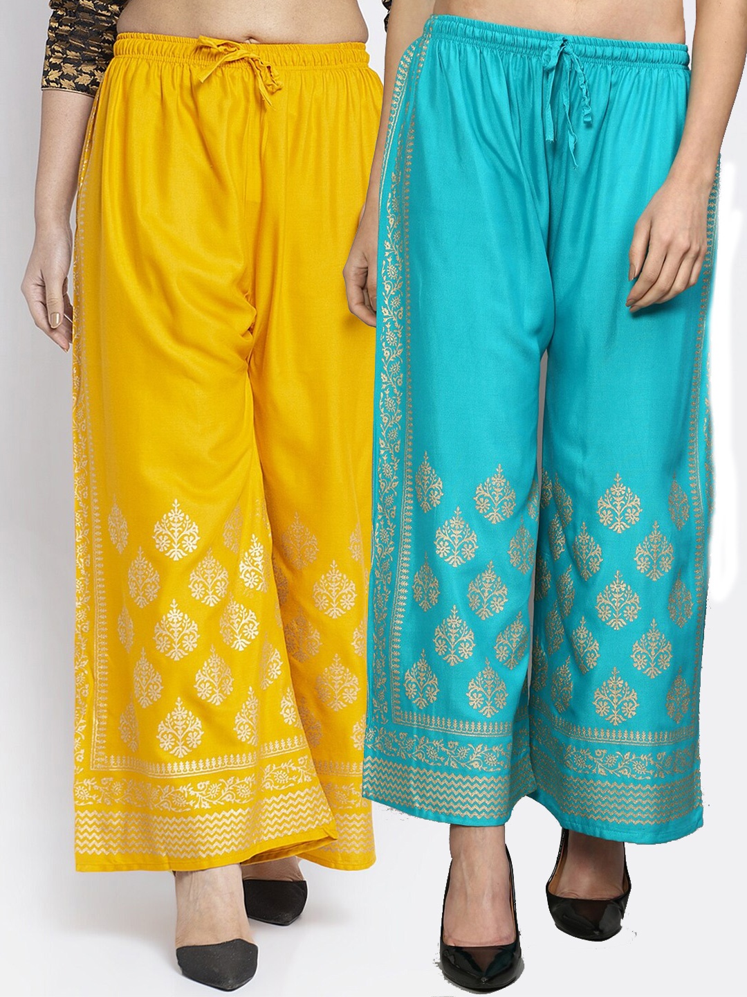 

GRACIT Women Yellow & Turquiose Rayon Block Print Flared Knitted Ethnic Palazzos