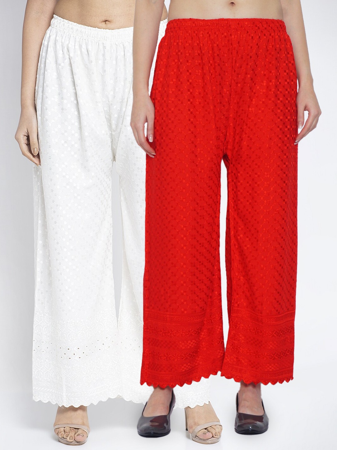 

GRACIT Women Red & Off White Embroidered Knitted Ethnic Palazzos Set Of 2