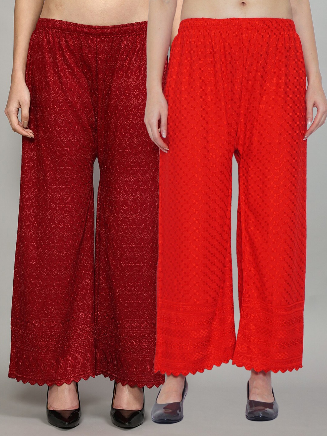

GRACIT Women Red & Maroon 2 Floral Embroidered Flared Knitted Palazzos