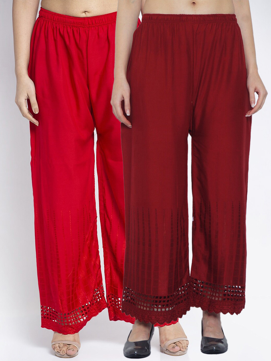 

GRACIT Women Set Of 2 Red & Maroon Hem Design Palazzos