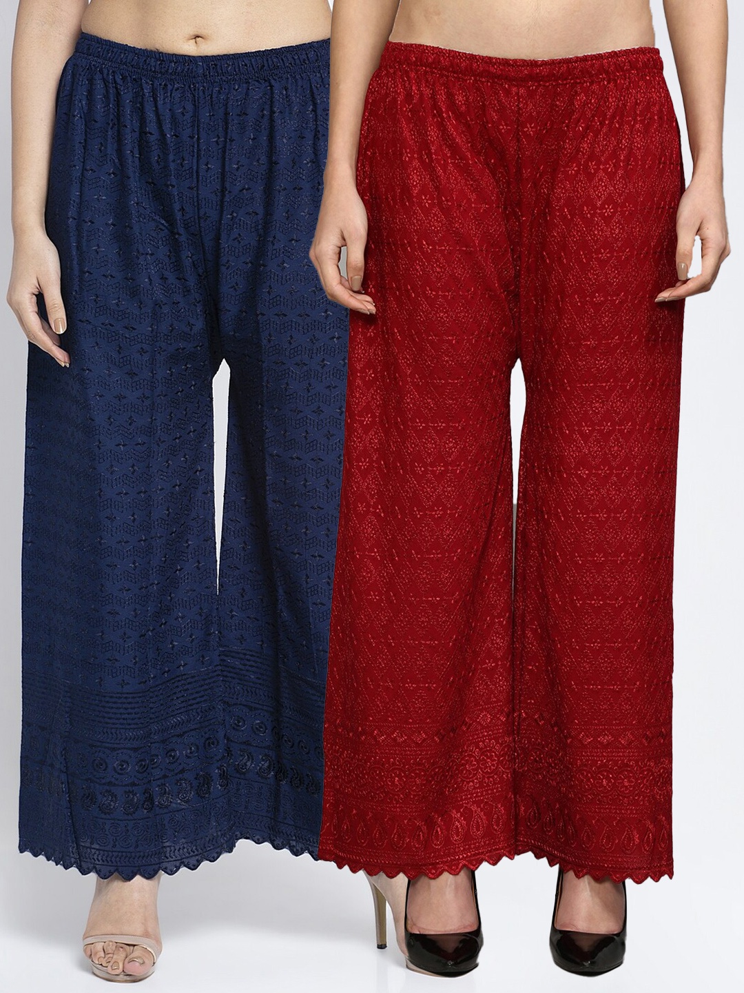 

GRACIT Women Maroon & Navy Blue Embroidered Knitted Ethnic Palazzos Set of 2