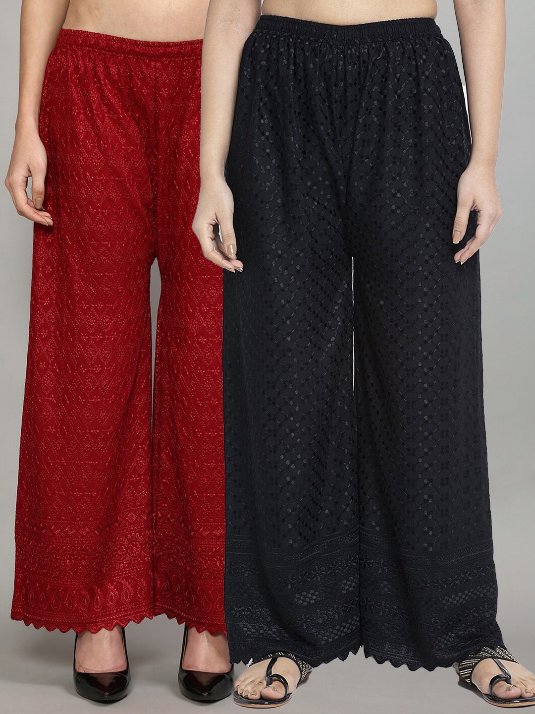 

GRACIT Women Pack of 2 Black & Maroon Embroidered Flared Ethnic Palazzos