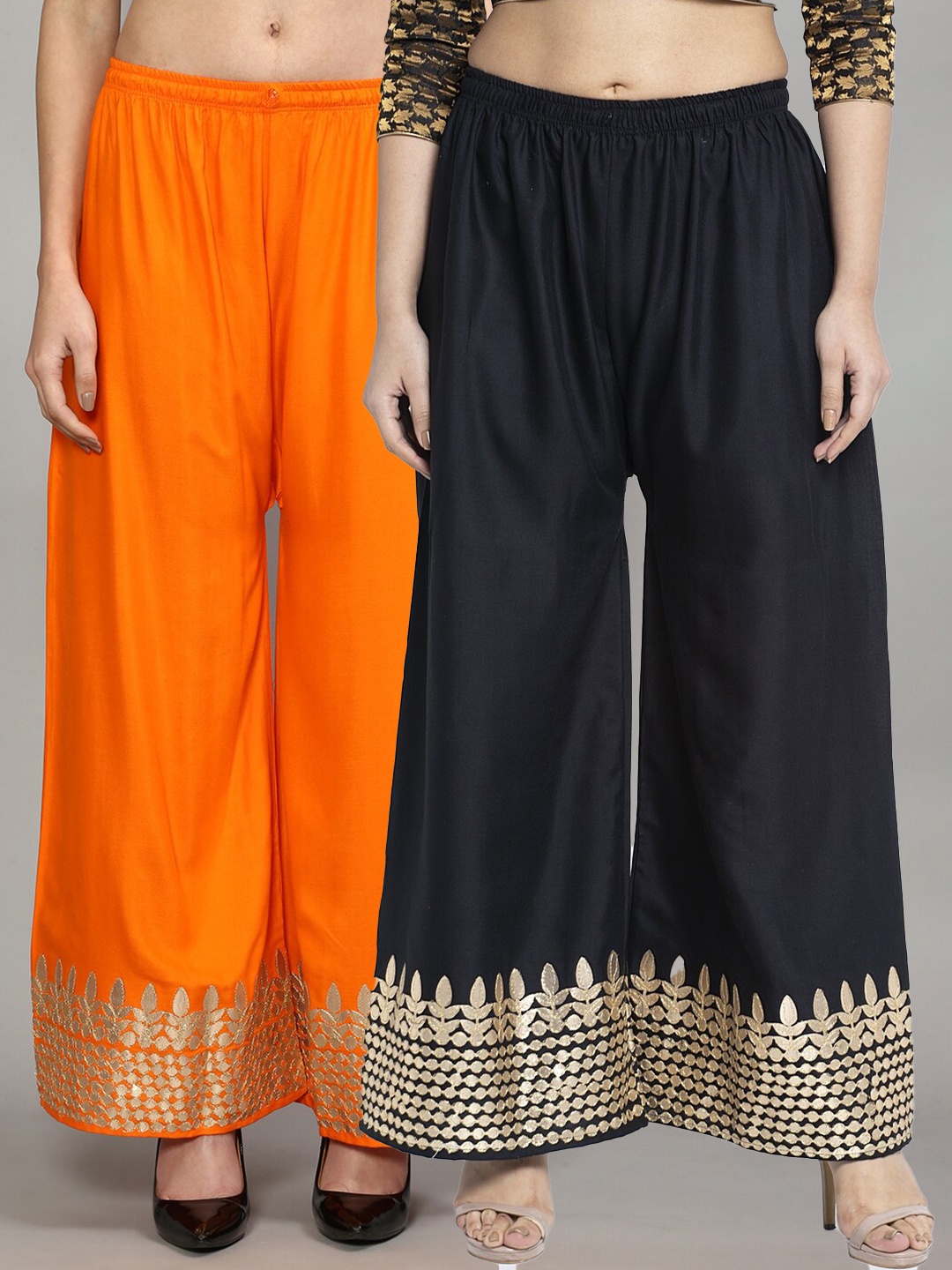 

GRACIT Women Black & Orange Gota Patti Embroidered Knitted Ethnic Palazzos Set Of 2