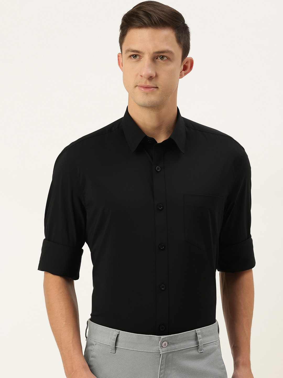 

Burnt Umber Men Black Pure Cotton Standard Slim Fit Casual Shirt