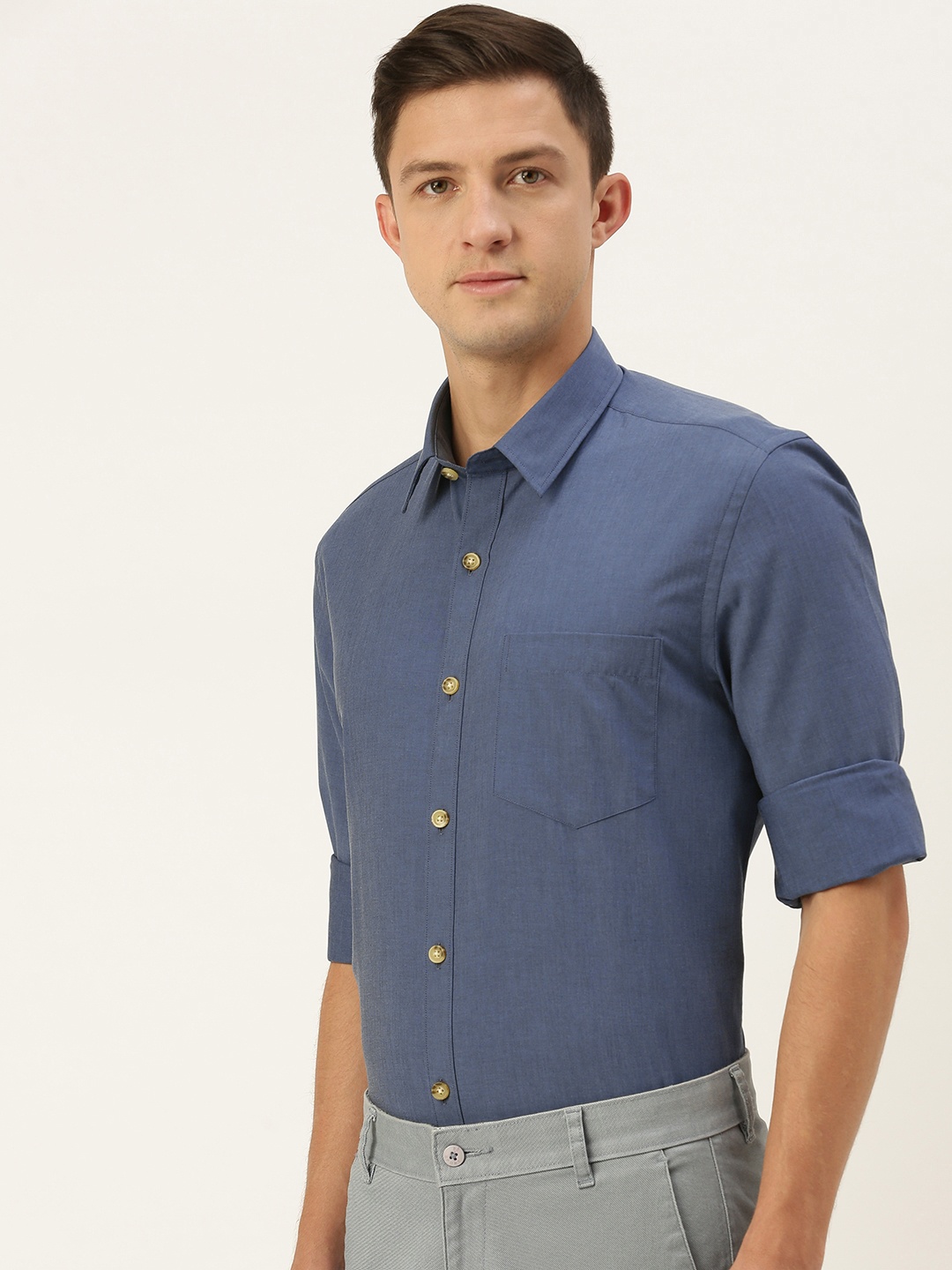 

Burnt Umber Men Navy Blue Pure Cotton Standard Fit Shirt