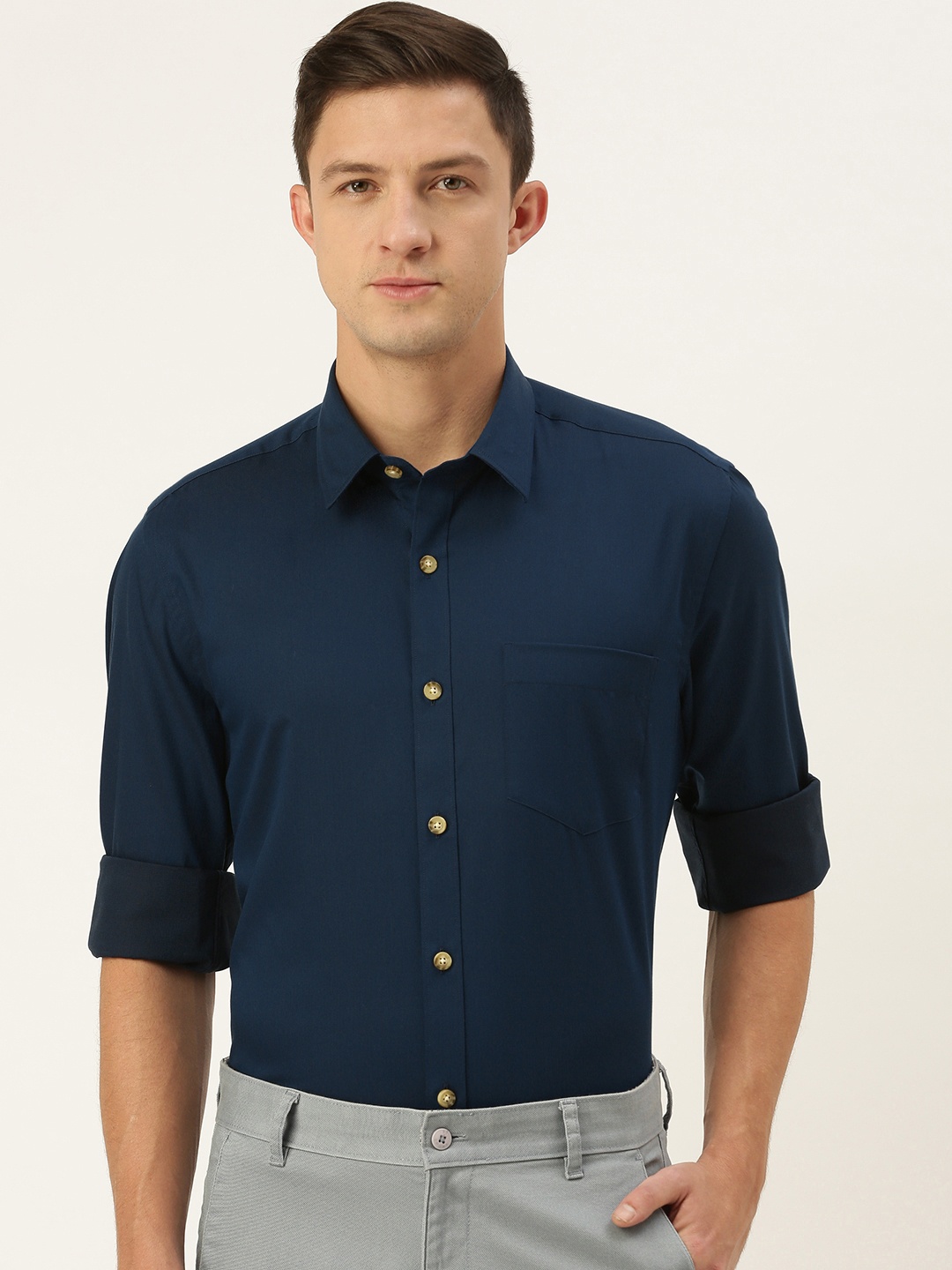 

Burnt Umber Men Navy Blue Pure Cotton Slim Fit Casual Shirt