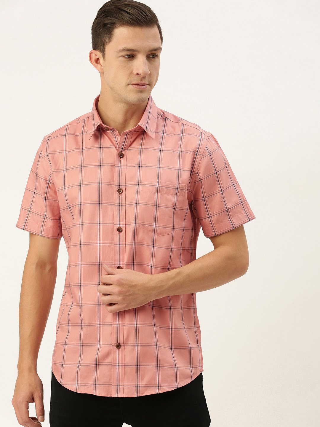 

Burnt Umber Men Pink & Navy Blue Slim Fit Windowpane Checked Casual Shirt
