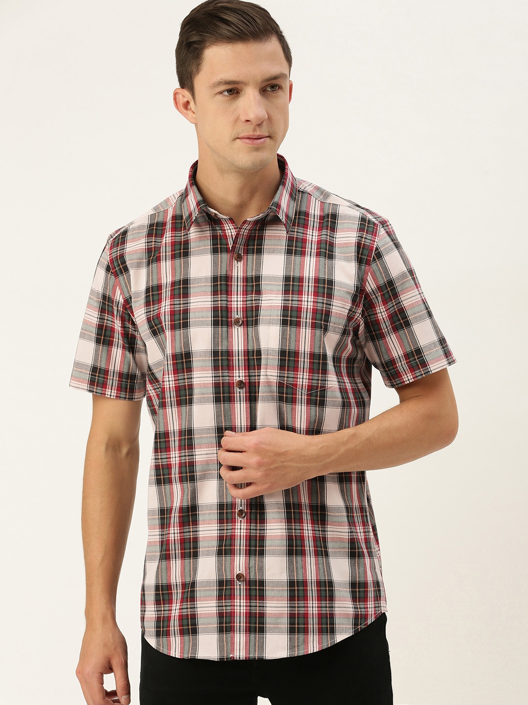 

Burnt Umber Men White & Red Pure Cotton Slim Fit Tartan Checked Casual Shirt