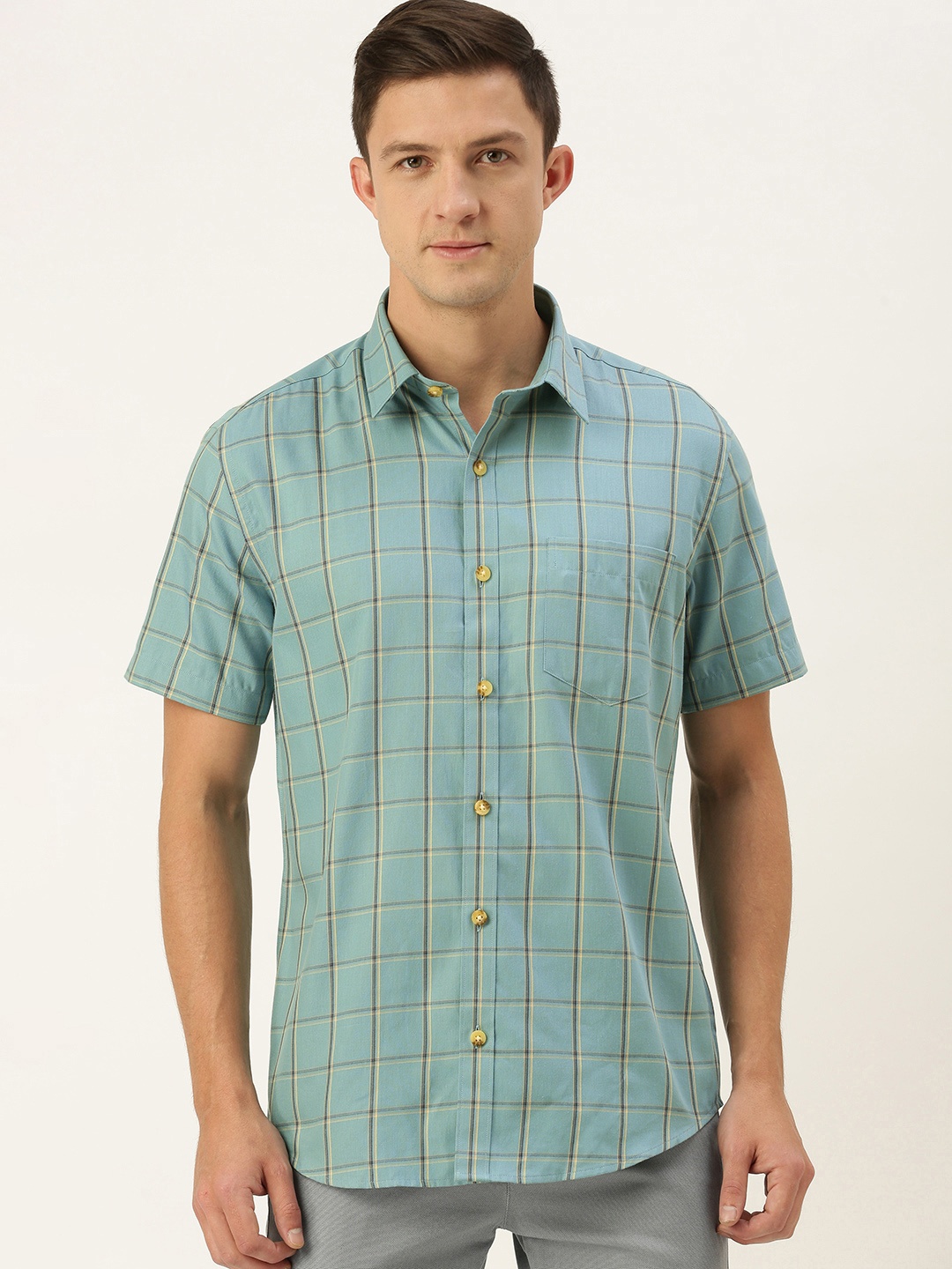 

Burnt Umber Men Green & Beige Pure Cotton Slim Fit Buffalo Checked Casual Shirt