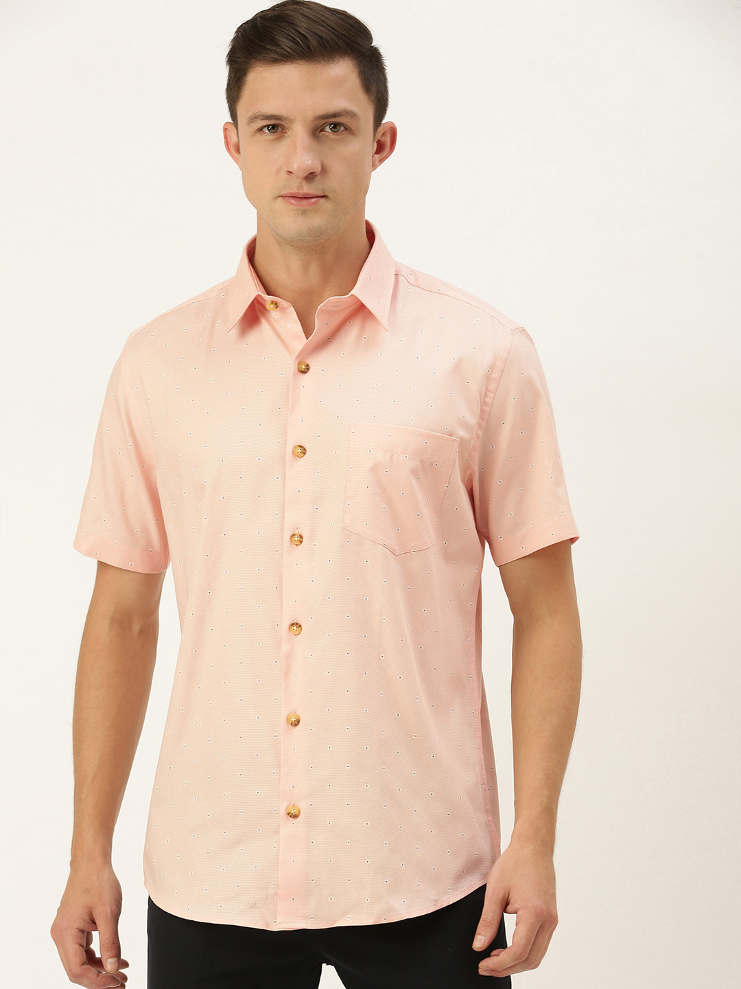 

Burnt Umber Men Peach-Coloured & White Pure Cotton Slim Fit Printed Casual Shirt