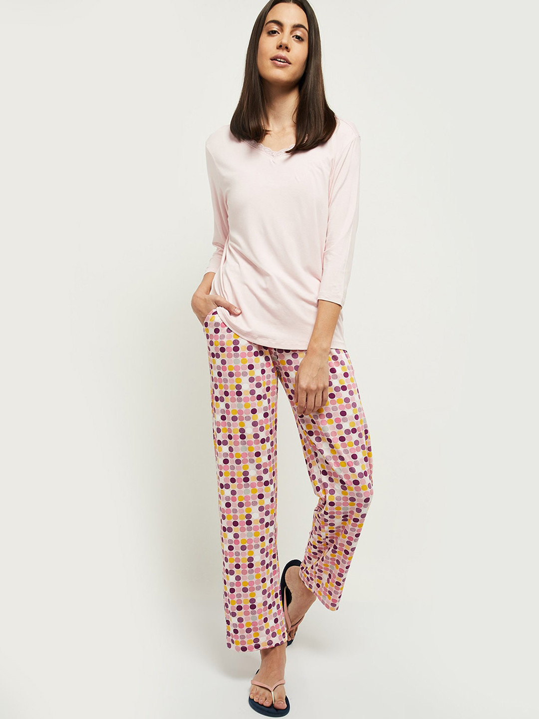 

max Women Pink & Purple Polka Dots Printed Night suit