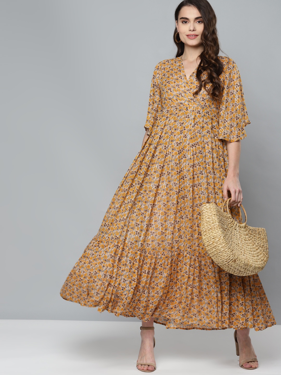 

Femella Yellow Floral Lurex Wrap Maxi Dress