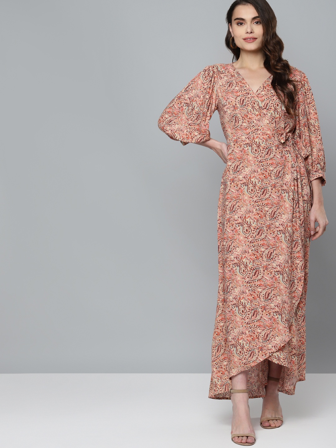 

Femella Peach-Coloured Paisley Wrap Maxi Dress