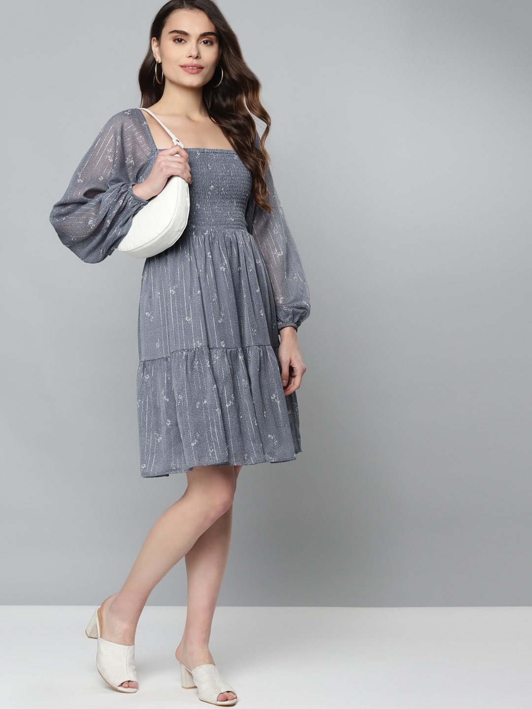 

Femella Blue Floral Lurex Smocked Mini Dress