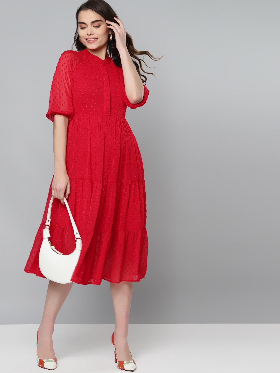 

Femella Red Dobby Tiered Midi Dress