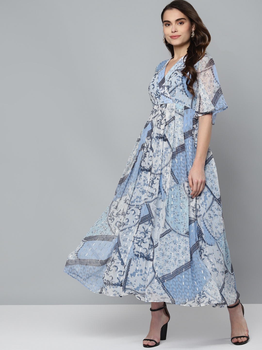 

Femella Blue & White Scarf Printed Lurex Maxi Dress