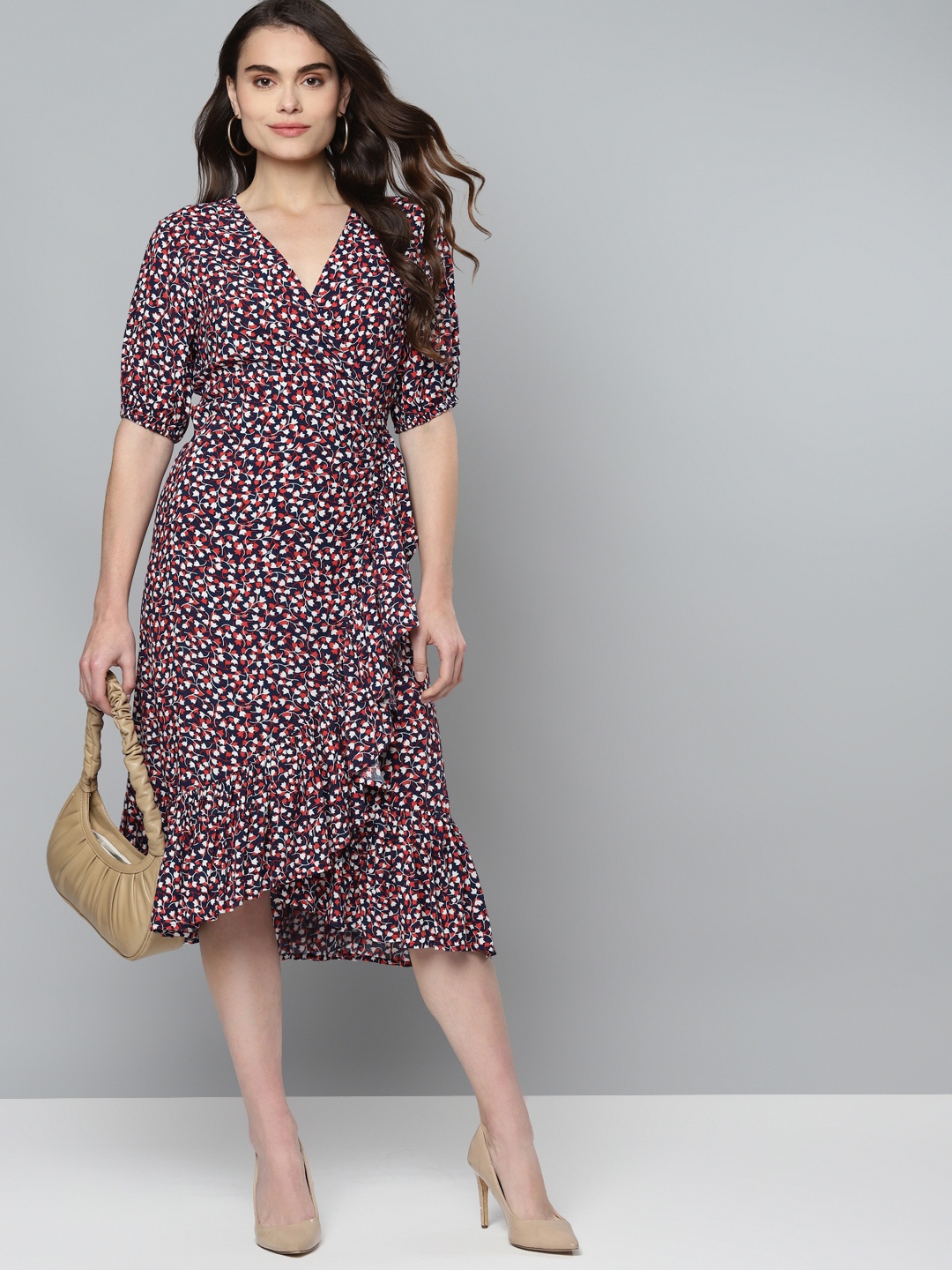 

Femella Navy Blue & Red Floral Front Wrap Midi Dress