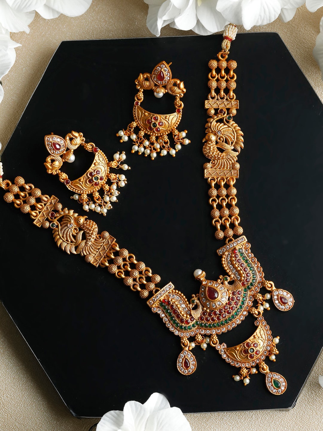 

Priyaasi Gold-Plated Pink & Green Stone-Studded & Beaded Jewellery Set