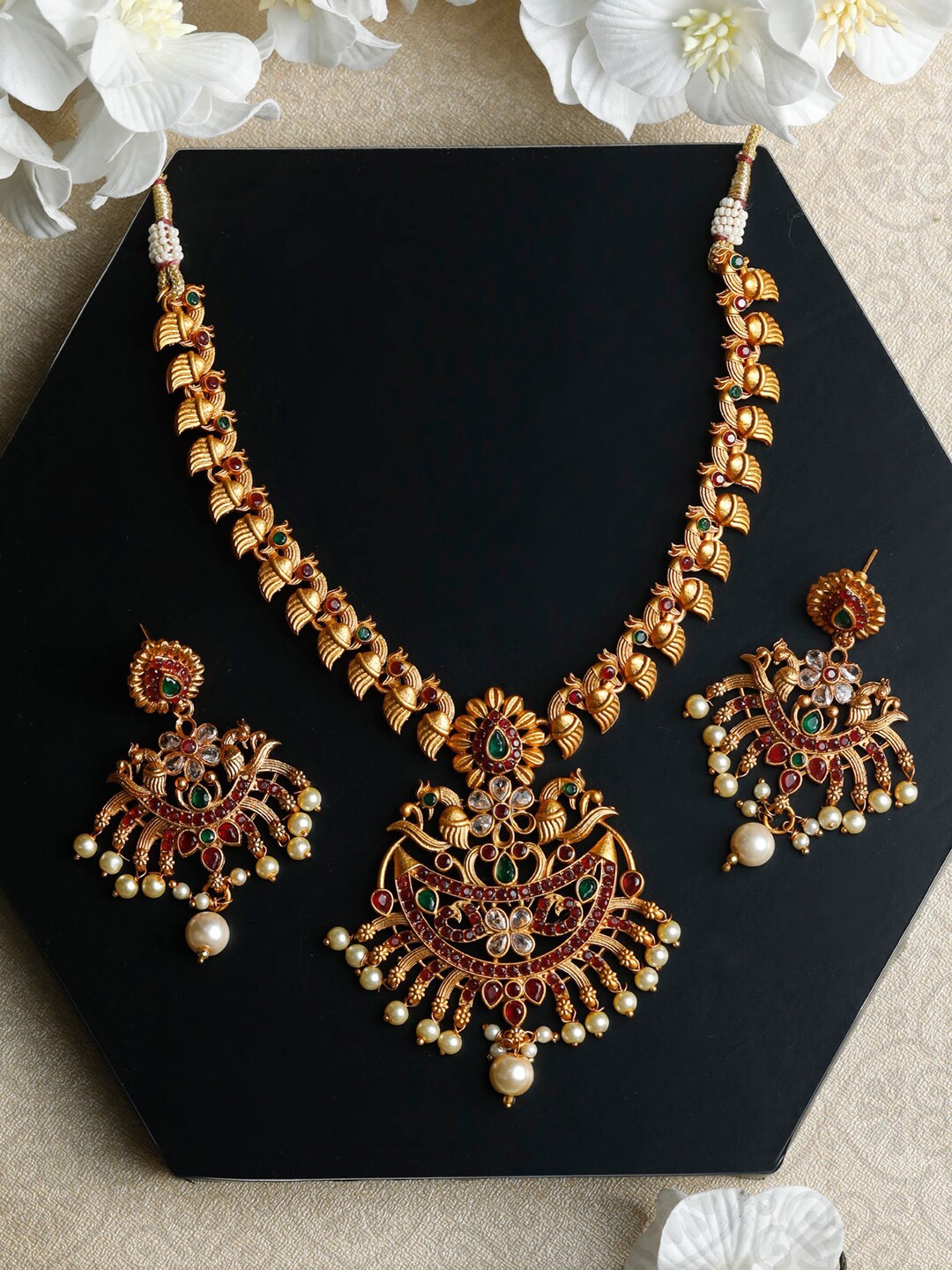 

Priyaasi Gold-Plated Pink & Green Stone-Studded & Beaded Jewellery Set