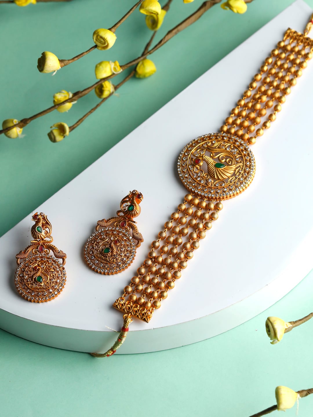 

Priyaasi Gold-Plated White & Green Stone-Studded Jewellery Set