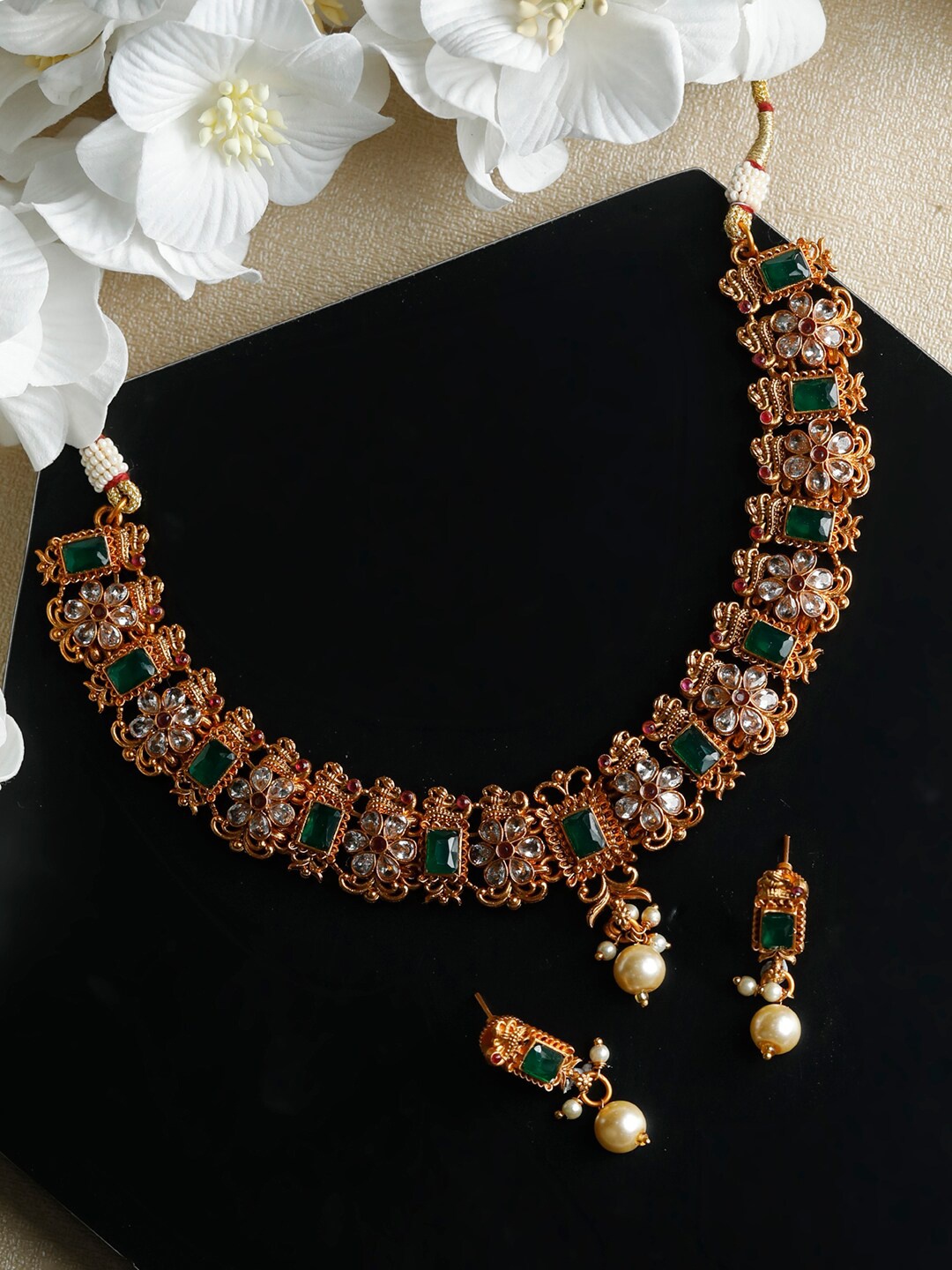 

Priyaasi Gold-Plated Green & White Stone-Studded & Pearl Beaded Jewellery Set