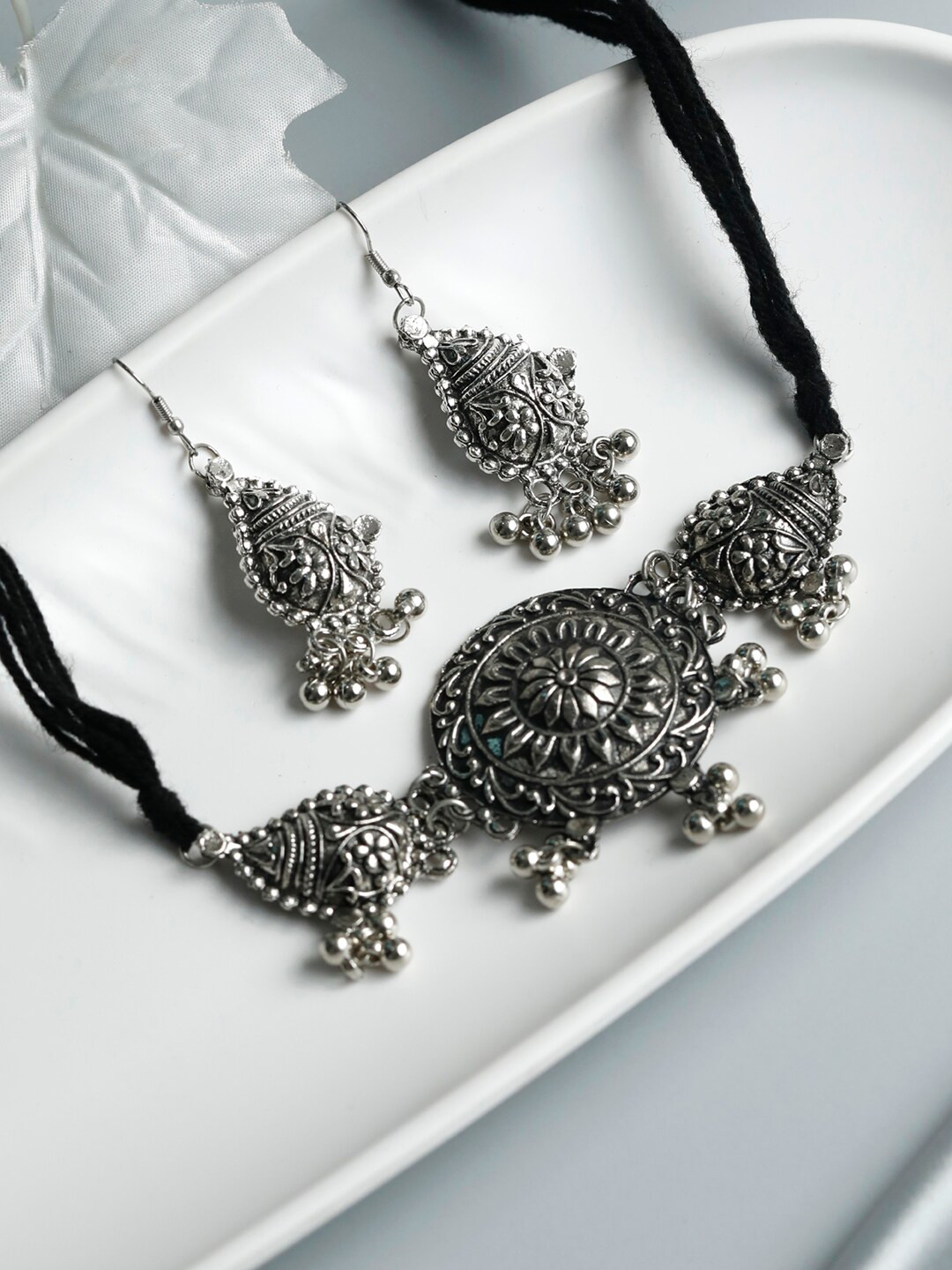 

Priyaasi Silver-Plated Tribal Floral Oxidised Jewellery Set