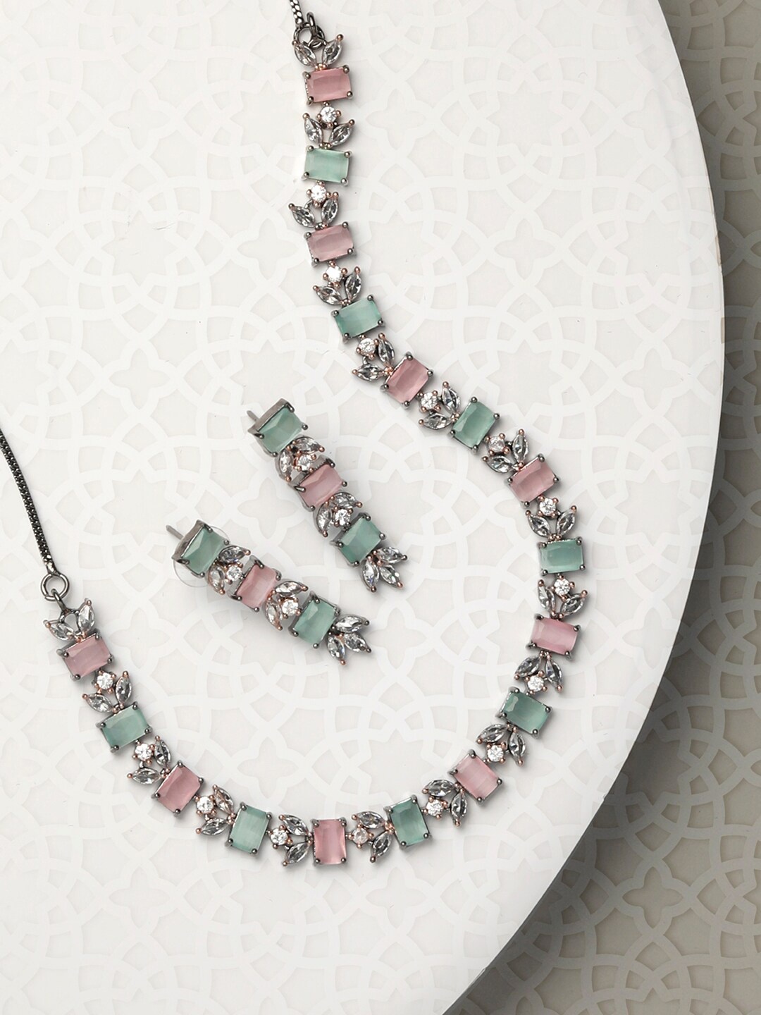 

Priyaasi Silver-Plated Pink & Green AD Stone Studded Jewellery Set